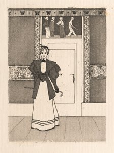 ウォーキングコスチュームの若い女性とのインテリア、1895年。