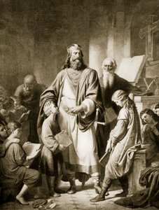 シャルルマーニュと彼の学者、「ハッチンソンの国家の歴史」、1915年からのイラスト 作： Eugen von Blaas
