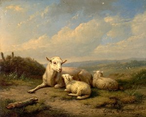 羊飼いと羊の群れのいる風景画 A4 フランスのアート 格好よかっ