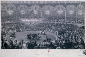 シャンゼリゼ、パリ、フランコニサーカスでの馬のショー、ユージン・ルイ・ラミ（1800-1890）、チャールズ・モットラム（1807-1876）によるエングレービング、『パリの夏と冬』からの引用 作： Eugene Louis Lami