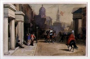 ポール・モールから見たトラファルガー・スクエア 1848-52年頃 （紙に鉛筆の上に水彩とガッシュを使用） 作： Eugene Louis Lami