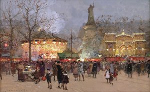 パリ、レピュブリック広場の「祭り」（紙に黒チョーク、グワッシュ 作： Eugene Galien Laloue