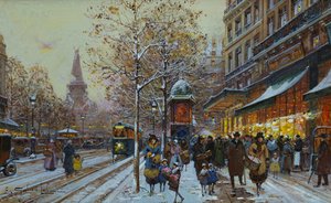 パリのレピュブリック広場（紙に木炭とボディカラー） 作： Eugene Galien Laloue