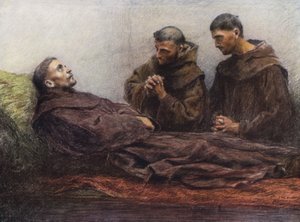 アッシジの司教館で病気になった聖フランチェスコ（カラーリトグラフ） 作： Eugene (after) Burnand