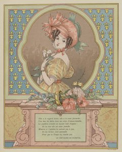 美しい若い女性の肖像（カラーリトグラフ 作： Eugene (after) Courboin