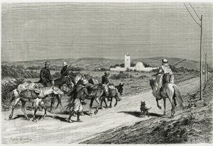 トレーラーが動いています。ウジェーヌ・ジラルデが、1882年から1883年に公共教育省から依頼された、ルネ・キャニャ（1852-1937）歴史家とアンリ・サラディン（1851-1923）建築家による物語「チュニジアへの旅」の挿絵として描いたもの。出版社 作： Eugene Alexis Girardet