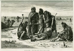 足の上のアイロン。1887年にカミーユ・ドゥールが書いた「Cinq mois chez les moures nomades du Sahara occidental」という物語を説明するためにウジェーヌ・ジラルデが描いたもので、1888年にエドゥアール・シャルトン（1807-1890）の指揮の下、le tour du mondeに収録されている。