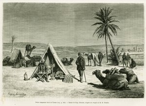 トズール近辺の旅人のキャンプ。R.CagnatとH.Saladinによる「Voyage en Tunisie」（1886年のle tour du monde、Edouard Charton(1807-1890)監督作品）の挿絵として、Eugene Girardetが描いたもの。 作： Eugene Alexis Girardet