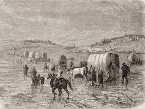1860年代に西に向かうワゴン列車。ステファンパンネメーカー（1847-1930）によって彫刻されました。 作： Eugene Antoine Samuel Lavieille