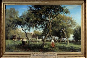 1865年、ノルマンディーでのりんご狩り。ウジェーヌ・ラヴィエイユ（1820-1889）による絵画 作： Eugene Antoine Samuel Lavieille