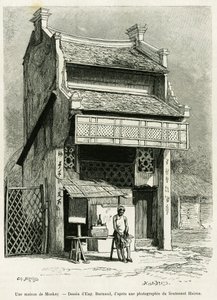 モンカイの家。エドゥアール・シャルトン（1807-1890）監督の『le tour du monde 1888』に収録されているP.Neiss医師の『Sur les frontières du Tonkin』の物語を説明するために、Eugene Burnandが描いた版画。