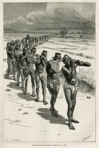 バサックとフエの間の水田を通る担ぎ手の列。1877年にハーマン博士が書いたラオスとインドシナの野生の人々についての物語を説明するために、ユージン・バーナンドが描いた絵をもとにエッチングしたもので、「tour du monde」誌に掲載された。 作： Eugene Burnand