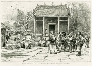 モンカイのコンファランス・パゴダエドゥアール・シャルトン（1807-1890）が監督した「le tour du monde 1888」に収録されているP.Neiss医師の「Sur les frontières du Tonkin」の物語を説明するために、ユージン・バーナンが描いた版画。