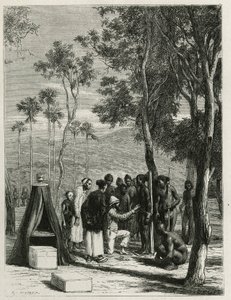 Dr. Harmand procedes a an anthropological measurements on the indigenous Khas, a Attopeu (Laos), engraving by Eugene Burnand, to illustrate the story of Laos and the wild populations of Indochina by Dr. Harmand, in 1877, published in the tour du monde, und 作： Eugene Burnand