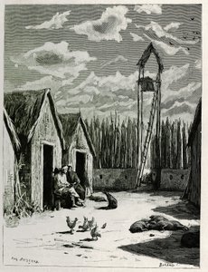 ミューオンガンの宣教師広場。P.Neis博士が1880年に発表した「上ラオスの旅」の挿絵として、Eugene Burnandが描いたもの。Le Tour du monde, nouveau journal des voyages, second semester 1885, edited by Edouard Charton (1807-1890), edに掲載。 作： Eugene Burnand