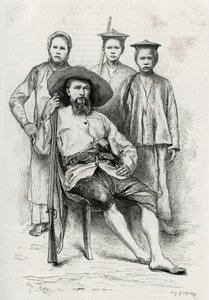 旅の仲間を囲む作者の肖像。P.Neis博士が1880年に発表した「上ラオスの旅」の挿絵として、Eugene Burnandが描いたもの。Le Tour du monde, nouveau journal des voyages, second semester 1885, edited by Edouに掲載。 作： Eugene Burnand