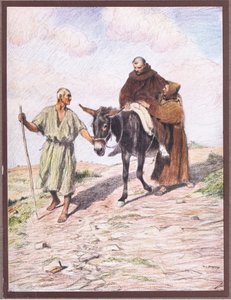 聖フランチェスコの刻印後、修道士レオと共にラベルナ山を下るセントフランシス、1919年 作： Eugene Burnand