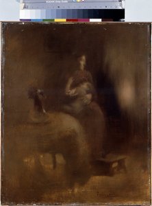 赤ちゃんをひざに乗せた女性。 Eugene Carriere（1849-1906）による絵画