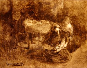 子供の靴紐を打つ女性（油彩・キャンバス） 作： Eugène Carrière