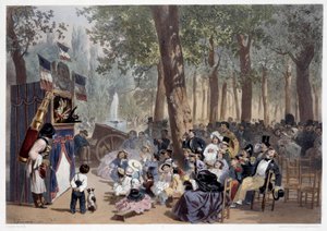 19世紀のパリ、シャンゼリゼ通りで行われたギニョールのショー。ユージン・ゲラール（1821-1866）の版画 19世紀 パリ、カルナヴァレ美術館
