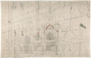 パリのオペラ座の舞台セットのデザイン: 教会の内部、1830-90。 作： Eugene Ciceri