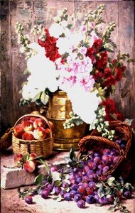 真鍮製の壷に入った花と籠に入った果物のある静物画 作： Eugene Claude