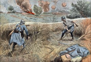 ドイツ人を殺すために麦を刈るフランス人砲手（フランスの新聞「ル・ペレラン」6月30日号より、ダンブランの絵 作： Eugene Damblans
