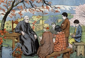 庭で聖体拝領をする神父と未来の若者たち（「ル・ペレラン」紙からダンブランが描いたもの）17年5月 作： Eugene Damblans