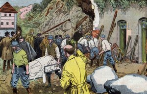 フランスのファリニエール城の外壁の崩壊の下でブリアン夫人を救出したアメリカのダンロップ将軍の遺体 フランスの新聞「ル・ペレラン」6月7日号に掲載されたダンブランの絵 作： Eugene Damblans