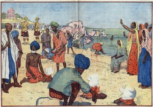大英帝国に対するインドの市民的不服従週間。ボンベイ・ビーチで、ガンジー（1869-1948）と彼の支持者たちは、ガベル法に違反して海水を煮沸して塩を得る。女性たちはこのコーラスを繰り返して彼らを励ます。"破れ、塩の法を破れ。