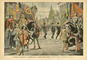 Eugene Damblans (1865-1945)によるイラスト（Le Pelerin, 06/08/05） - ベルギー独立70周年を記念して、壮大な歴史的行列がブリュッセルの街を巡る - ベルギー, 歴史, 国旗, ブリュッセル, 記念碑 作： Eugene Damblans
