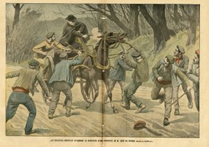 Eugene Damblans (1865-1945)によるイラスト（Le Pelerin, 31/01/04） - 農業グレヴィストがM.Sere de Riviereの所有地の目利きを襲う - 社会, 様々な事実, グレヴィスト, 交通, 農業, 森林, Caleche Fiacre Cab - 労働者, 馬 馬。 作： Eugene Damblans