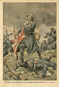 Eugene Damblans (1865-1945)のイラスト（Le Pelerin, 01/01/05） - 旅順の前で日本の旗を引き裂くロシアの伍長 - ロシア, 日本, 旅順, 日露戦争, 戦闘, 小銃 - 兵士, 伍長 作： Eugene Damblans