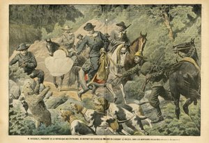 Eugene Damblans (1865-1945) のイラスト（Le Pelerin, 02/07/05） - アメリカ大統領のルーズベルトは、岩山でグリズリーベアを狩ることで権力の心配から気をそらしていた - アメリカ アメリカ, 狩猟 アメリカ, ロッキー山脈 - 犬, 熊。 作： Eugene Damblans