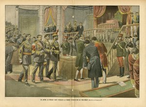 Eugene Damblans (1865-1945) のイラスト（Le Pelerin, 03/04/04） - 日本では、国会の開会式を司るミカド - 日本, 代議士院 半円形, ミカド, 内部の建築 - ミカド 作： Eugene Damblans