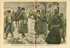 Eugene Damblans (1865-1945)のイラスト（Le Pelerin, 05/03/05） - 中尉の報告を受ける満州のロシア軍司令官クロパトキン将軍 - ロシア, アルメア, 満州, 日露戦争, 雪 - 将軍