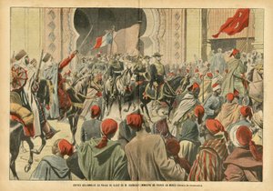 Eugene Damblans (1865-1945)のイラスト（Le Pelerin, 20/10/07） - 在モロッコ・フランス公使レグノー氏によるラバト宮殿への厳粛な入場 - 植民地化 植民地, 建築 Urbanisme, モロッコ, 公式訪問 - Regnault Euge 作： Eugene Damblans