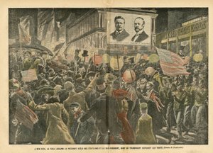 Le Pelerin誌に掲載されたEugene Damblans (1865-1945)のイラスト、2004年11月20日 - ニューヨークでは、再選されたアメリカ大統領と副大統領に群衆が喝采を送っており、その透明なものは特徴を再現している - アメリカ アメリカ, 選挙, 建築 Urbani 作： Eugene Damblans