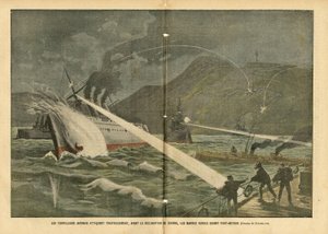 Eugene Damblans (1865-1945)のイラスト（Le Pelerin, 21/02/04） - 宣戦布告前に日本の魚雷がロシア船を攻撃 宣戦布告前に日本の魚雷がロシア船を攻撃 - ロシア, 日本, 海上, 海岸, 旅順, 日露戦争, 軍艦 作： Eugene Damblans