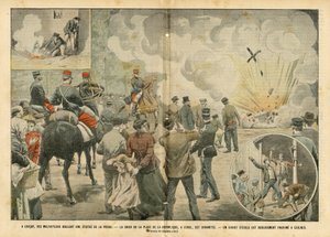 Le Pelerin, 25/09/04に掲載されたEugene Damblans (1865-1945)のイラスト - Gracayでは犯罪者が処女像を燃やしている - Place de la Republiqueの地殻はダイナミティされている - Caulnesでは学校のキリストが悪趣味に冒涜されている - Anticlericalism, Religion Fait 作： Eugene Damblans