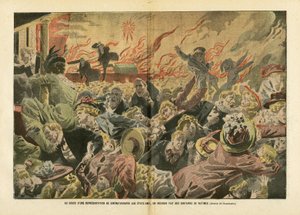 Le Pelerinに掲載されたEugene Damblans (1865-1945)のイラスト、26/01/08 - アメリカでの映画人のパフォーマンス中に、火事で数百人の犠牲者が出た - アメリカ USA, 雑学, 映画, 群衆, 火事 作： Eugene Damblans