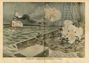 Eugene Damblans (1865-1945)のイラスト（Le Pelerin, 28/02/04） - Vladivostokのロシア巡洋艦が日本の輸送船を沈める - Armee, Maritime Marine Seaside, 日露戦争, Warships, Vladivostok - Sailors, sailors 作： Eugene Damblans