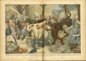 Le Pelerin, 28/03/37に掲載されたEugene Damblans (1865-1945)のイラスト - 年に一度のNiort近郊Lezayの大博覧会 - 雑学, 経済, 群衆, 商店, 農業, 豆類 - 牛, 牛肉, Camelot traveling seller 作： Eugene Damblans