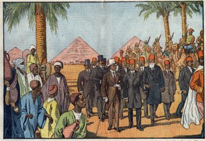 アフガニスタンのアマンラー国王（1892-1960）は、メハリストの護衛をつけてエジプトのピラミッドを訪れた。エジプト・カイロ。ダンブランスのイラスト。1月22日付「ル・ペレラン」にて 作： Eugene Damblans