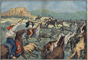 メキシコの農家では、自国の食糧難を避けるために野生の馬を撃っている。メキシコのエルパソ平原。Damblansのイラスト。10月6日付「ル・ペラン」にて 作： Eugene Damblans