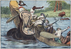 アフリカのビクトリア湖で、英国国教会の宣教師と先住民が乗ったボートが、傷ついたカバによって転覆させられる。Damblansのイラスト。5月16日付「ル・ペレラン」にて 作： Eugene Damblans