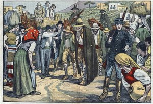 イタリアのファシスト警察に逮捕された強盗たち。イタリア・シチリア島。Damblansのイラスト。2月14日付「ル・ペレラン」にて 作： Eugene Damblans