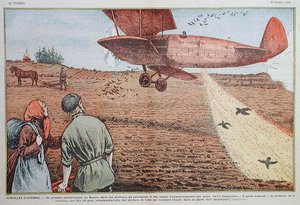 ソビエト・ロシアでの飛行機からの種まき、雑誌「ル・プレラン」のイラスト、1933年10月22日（カラーリトグラフ）。 作： Eugene Damblans