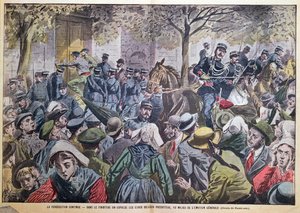 1907年10月27日の雑誌「Le Pelerin」からのブルターニュ、フィニステーレの長老派からの司祭の追放イラスト 作： Eugene Damblans