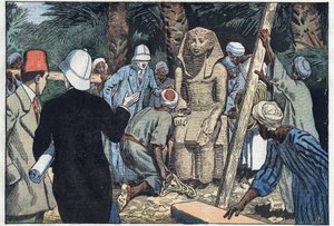フランスの考古学調査団が、ルーヴル美術館に持ち込まれる予定の10代のセソストリス3世の像を発見。エジプト、古代テーベのメダムード。Damblansのイラスト。11月22日付「ル・ペレラン」紙にて